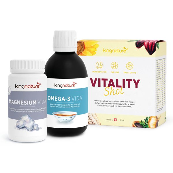 Allgemeine-Grundversorgung Das Grundversorgungs-Paket beinhaltet MAGNESIUM VIDA, OMEGA-3 VIDA und VITALITY Shot, jeweils mit Symbolen für Immunität, Energie und Zellschutz.