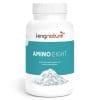Eine weiße Plastikflasche mit der Aufschrift „kingnature AMINO EIGHT“ zeigt auf der Vorderseite ein Bild von weißem Pulver. Das türkis-weiße deutsche Etikett wirbt für einen Komplex mit acht essentiellen Aminosäuren.