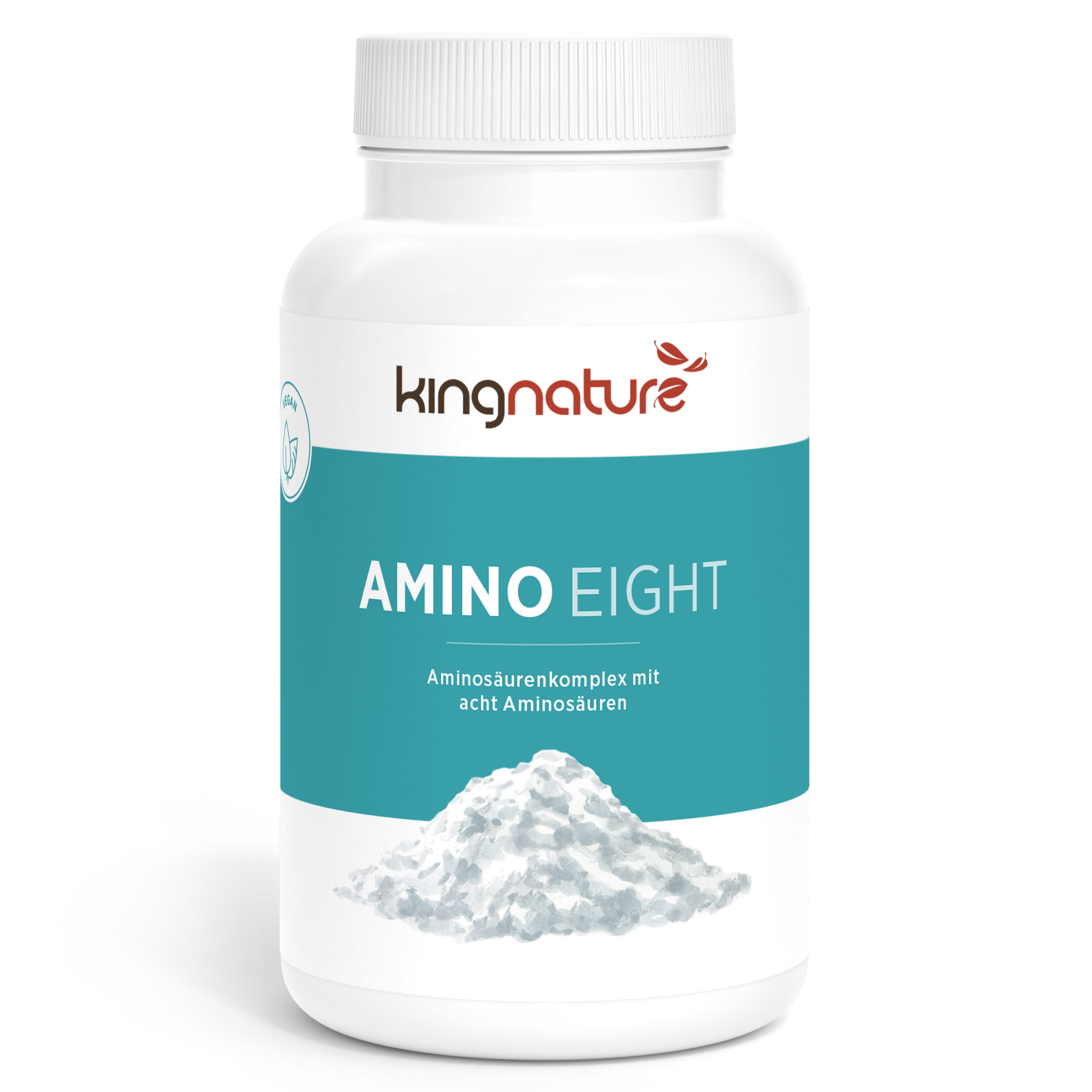 Eine weiße Plastikflasche mit der Aufschrift „kingnature AMINO EIGHT“ zeigt auf der Vorderseite ein Bild von weißem Pulver. Das türkis-weiße deutsche Etikett wirbt für einen Komplex mit acht essentiellen Aminosäuren.