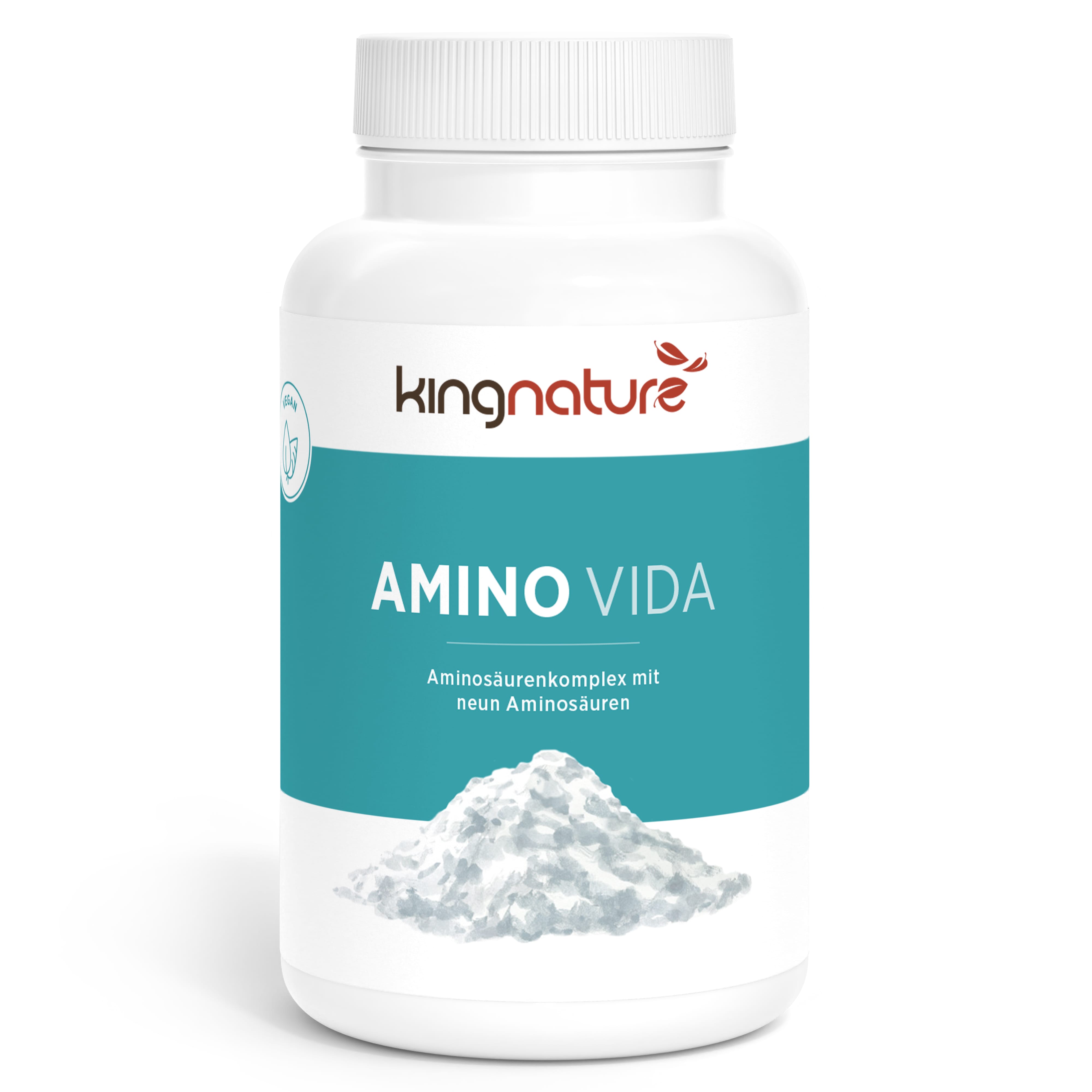 Eine weiße Plastikflasche mit der Aufschrift „kingnature AMINO VIDA“ zeigt unter dem Etikett ein Bild von weißem Pulver. Der Text auf Deutsch lautet „Aminosäurekomplex mit neun Aminosäuren“ und hebt die Formel des Aminosäurekomplexes hervor.