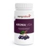 Eine weiße Flasche mit der Aufschrift „kingnature ARONIA VIDA“ zeigt ein Bild von Aroniabeeren und hebt Aroniaextrakt und Vitamin C als Inhaltsstoffe dieses Nahrungsergänzungsmittels hervor.