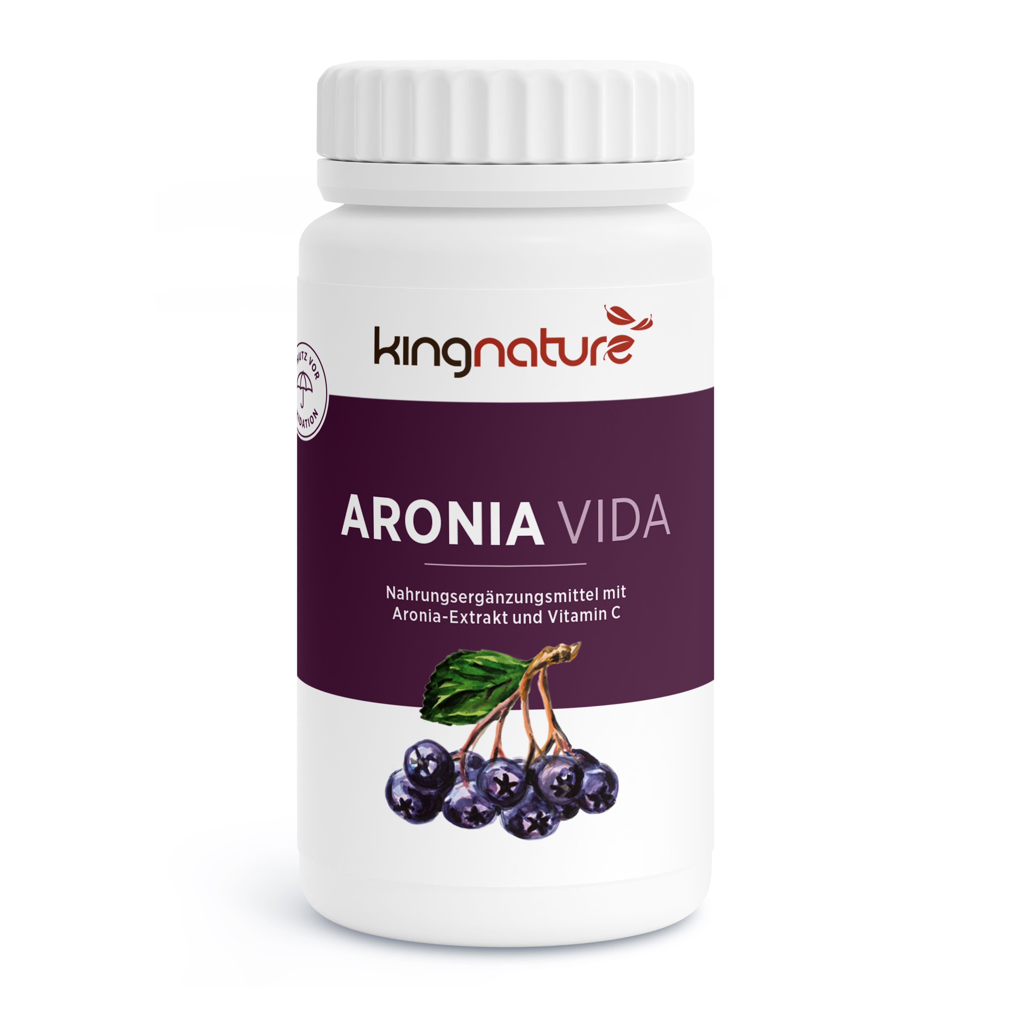 Eine weiße Flasche mit der Aufschrift „kingnature ARONIA VIDA“ zeigt ein Bild von Aroniabeeren und hebt Aroniaextrakt und Vitamin C als Inhaltsstoffe dieses Nahrungsergänzungsmittels hervor.