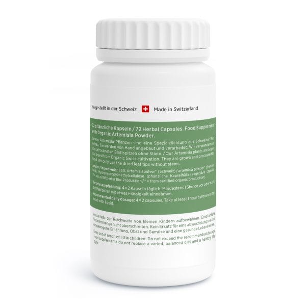 Artemisia-Vida_v4.4-Back Eine weiße Flasche mit weißem Verschluss und der Aufschrift „Made in Switzerland“ enthält 72 Kräuterkapseln. Das Etikett enthält einen grün-weißen Text in Deutsch und Englisch über Artemisia-Pulver als Nahrungsergänzungsmittel.