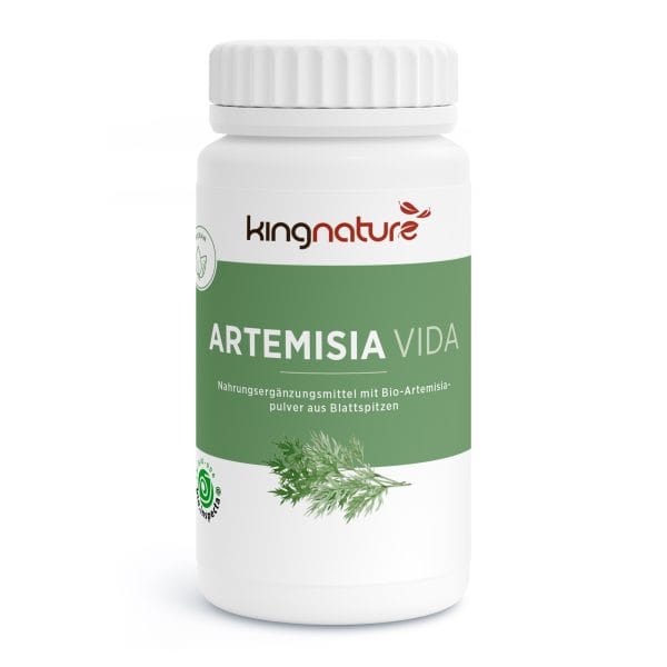 Artemisia-Vida_v4.4-Front Eine weiße Flasche mit der Aufschrift „kingnature ARTEMISIA VIDA“ und einem grünen Bereich mit einer Abbildung von Artemisia-Blättern. Das Etikett weist darauf hin, dass es sich um ein Nahrungsergänzungsmittel mit Bio-Artemisia-Blattpulver handelt.