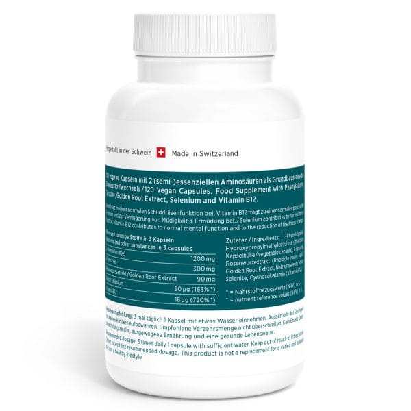 Balance-Vida_v2.0-Back Eine Balance Vida-Flasche verfügt über ein blaugrünes Etikett mit Nährwertangaben, Zutaten und einer Gebrauchsanweisung in deutscher Sprache. Oben sind ein Schweizer Flaggensymbol und der Schriftzug „Made in Switzerland“ zu sehen. Der weiße Behälter steht aufrecht.