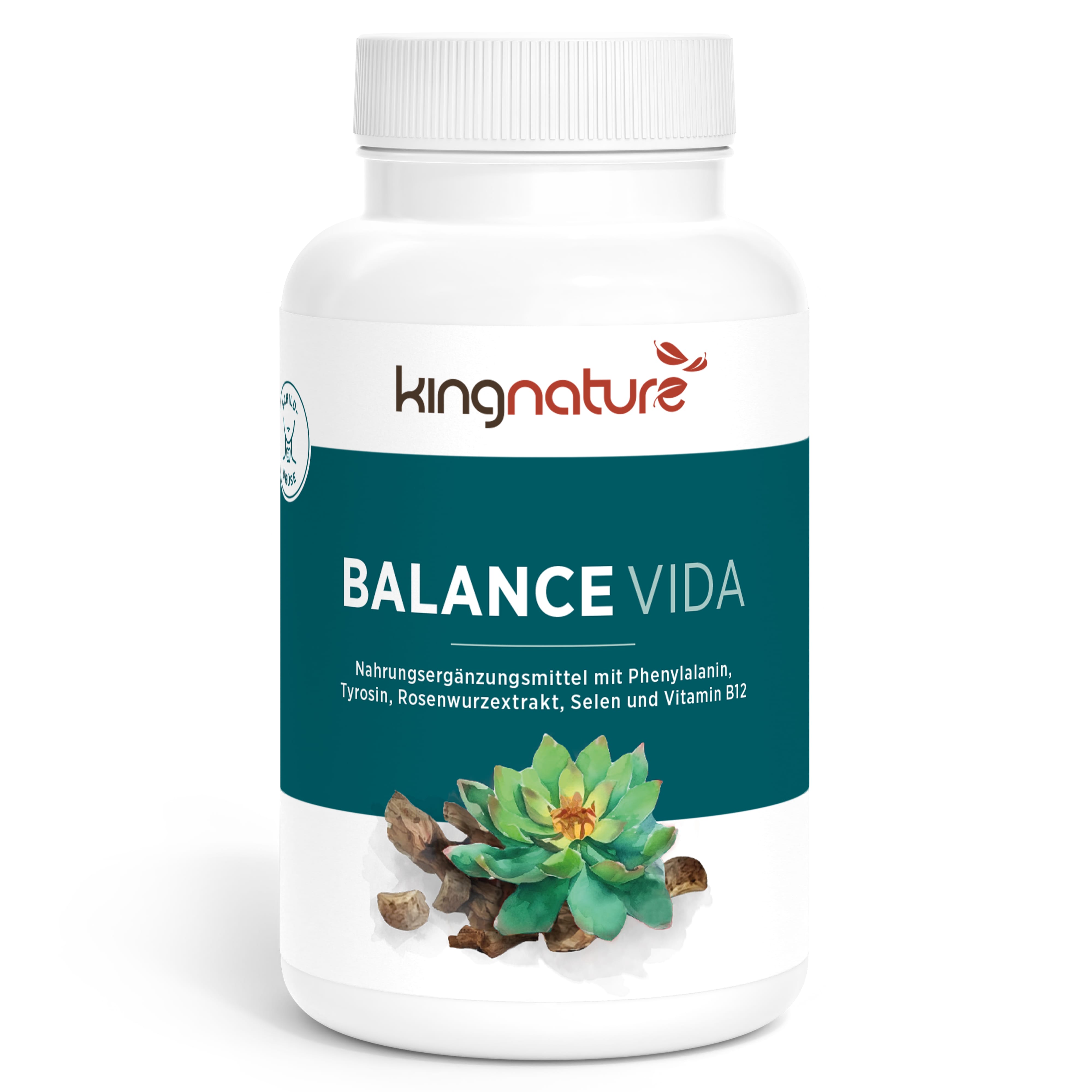Eine weiße Balance Vida-Flasche von kingnature zeigt auf dem Etikett eine grüne Sukkulente und Wurzeln, wobei Phenylalanin, Tyrosin, Rosenwurzextrakt, Selen und Vitamin B12 hervorgehoben werden.