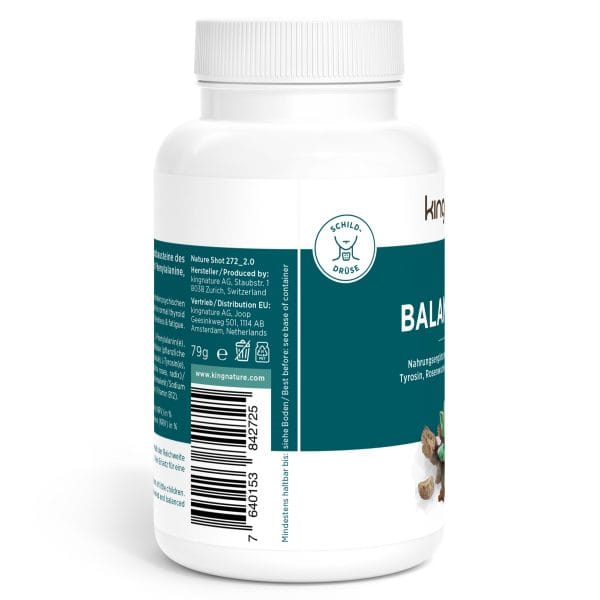 Balance-Vida_v2.0-Side Weiße Kunststoffflasche mit Balance Vida-Nahrungsergänzungsmitteln mit blaugrünem Etikett, Produktinformationen, dem Balance Vida-Logo mit einem lächelnden Gesicht und einem Barcode auf der linken Seite. Die Flasche ist leicht nach rechts gedreht.