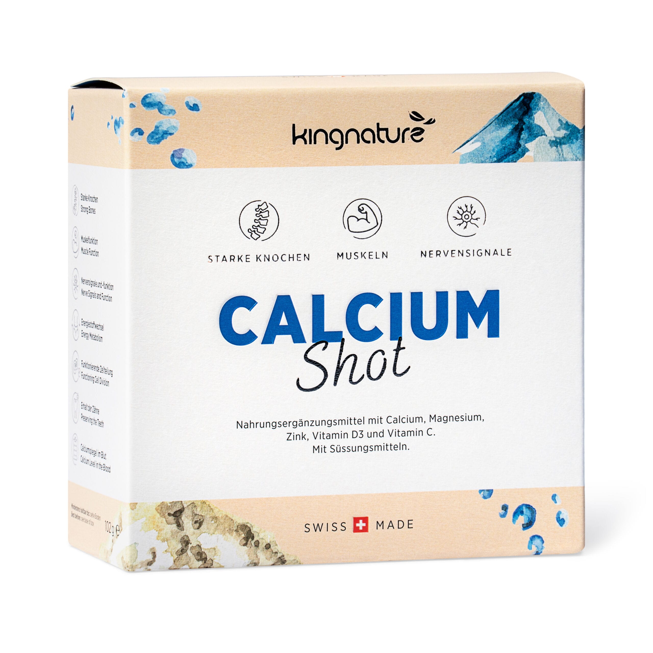Eine Schachtel Calcium Shot, ein in der Schweiz hergestelltes natürliches Kalziumpräparat für starke Knochen, Muskeln und Nerven, angereichert mit Magnesium, Zink, Vitamin D3 und C; mit blauen und natürlichen Designelementen.
