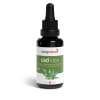 CBDVIDA_Bottle copy CBD Vida wird in einer schwarzen Tropfflasche mit Pipette geliefert und verfügt über ein grün-weißes Etikett mit einem Hanfblatt, dem Namen CBD Vida by kingnature und Swiss Made.