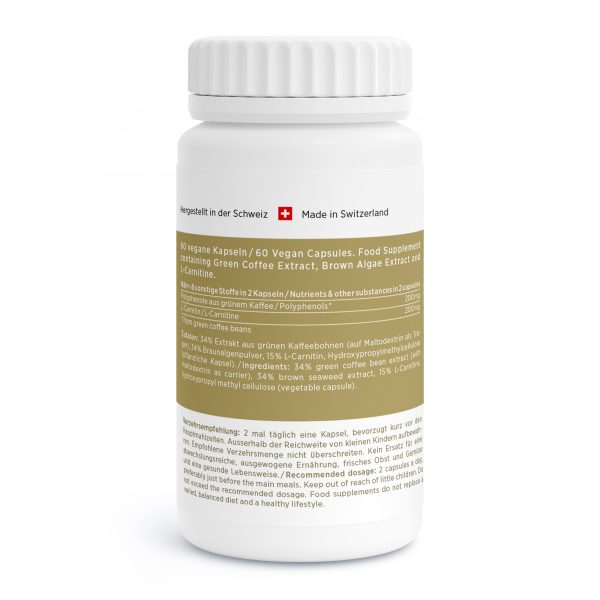 Coffea-Vida_v2.2-Back Eine weisse Flasche mit Coffea Vida veganen Kapseln, die als Nahrungsergänzungsmittel mit Grüner Kaffee Extrakt, Braunalgen Extrakt und L-Carnitin gekennzeichnet sind. Das Etikett ist in Deutsch und Englisch beschriftet und mit Schweizer Piktogrammen versehen.