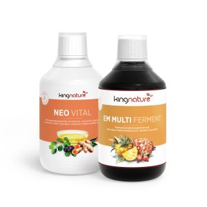 Abgebildet sind zwei Darmpaket Basic-Nahrungsergänzungsmittel: NEO VITAL mit Abbildungen von Honig, Oliven und Beeren sowie EM MULTI FERMENT mit Ananas, Beeren und einer dunklen Flüssigkeit. Beide haben weiße Verschlüsse und leuchtende Etiketten.