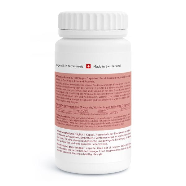 Eisen-Vida_v4.0-Back Eine weiße Tablettenflasche mit rotem Etikett in Deutsch und Englisch zeigt Dosierung, Inhaltsstoffe und eine Schweizer Flagge mit der Aufschrift „Made in Switzerland“. Die Rückseite der Nahrungsergänzungsmittelflasche ist zu sehen.