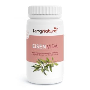 Eisen-Vida_v4.0-Front Eine weiße Flasche mit der Aufschrift kingnature EISEN VIDA und einer Abbildung grüner Blätter. Laut Etikett enthält das Produkt Eisen, Curryblattextrakt und Acerolaextrakt als Nahrungsergänzungsmittel mit natürlichen Inhaltsstoffen.
