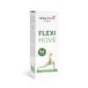 Weiße Schachtel mit Kingnature Flexi Move CBD-Massageöl, mit einer grünen Illustration einer Frau in einer streckenden Ausfallschritt-Pose. Die Verpackung unterstreicht außerdem die Prinzipien „Pure Natural“, „Swiss Made“ und „Natural Wellness“.