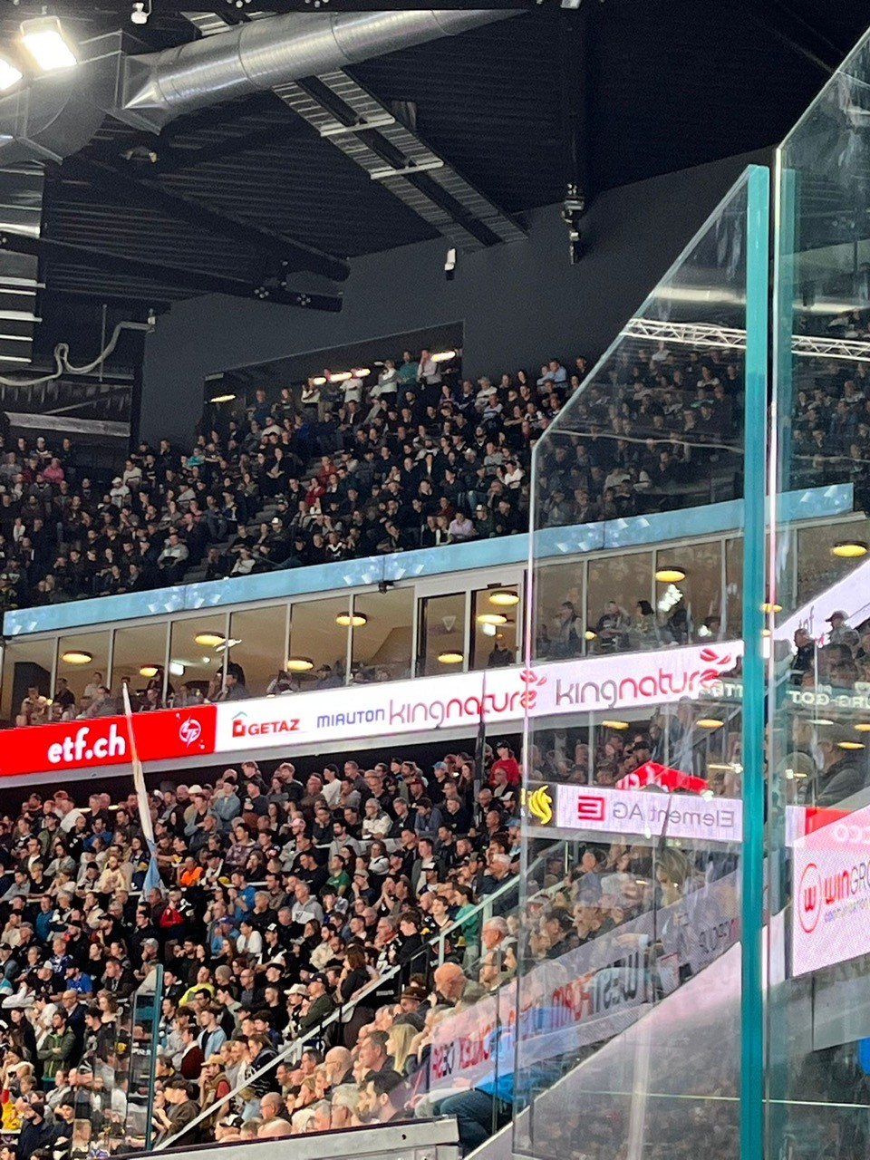 Eine überfüllte Hockeyhalle mit Fans auf den Tribünen, Glaspaneelen rund um die Eisbahn und Werbung über dem Publikum bei einem spannenden Schweizer Eishockeyspiel zwischen dem HC Fribourg und Gottéron.