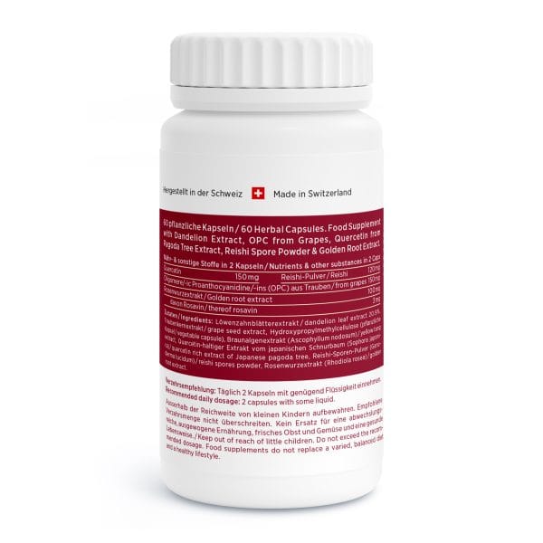 Eine weiße Flasche mit rotem Etikett zeigt Nährwertangaben und Inhaltsstoffe auf Deutsch und Englisch, darunter Kräuterextrakte und Anwendungshinweise. Das Etikett ziert eine Schweizer Flagge, „Made in Switzerland“ und hebt die hochwertigen Inhaltsstoffe hervor.