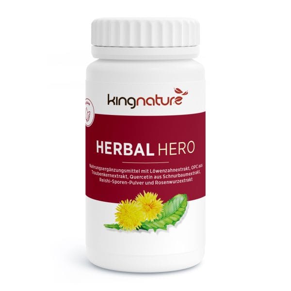 Herbal-Hero-Erwachsene_v1.3-Front Eine weiße Flasche mit der Aufschrift „kingnature HERBAL HERO“ mit Löwenzahnblüten und grünen Blättern auf dem rot-weißen Etikett. Die Flasche verfügt über einen weißen Schraubverschluss und ein lebendiges Kräuterdesign.