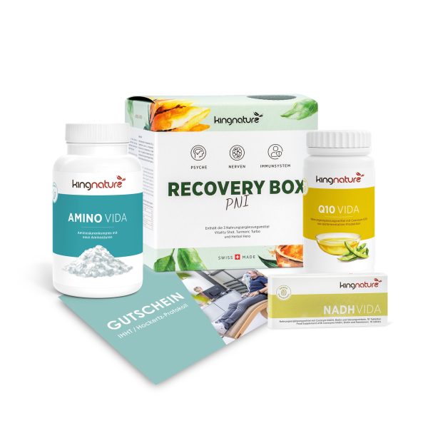 Hockertz_energy Eine Auswahl an Kingnature PEP-Protokoll Energy-Nahrungsergänzungsmitteln – darunter Amino Vida, Q10 Vida, NADH Vida und eine Recovery Box PNI – präsentiert mit einer Gutscheinkarte auf weißem Hintergrund.