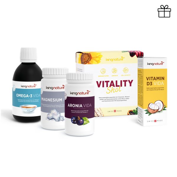 Das Nahrungsergänzungsmittel Immunpaket Medium von kingnature wird vor einem weißen Hintergrund angezeigt.