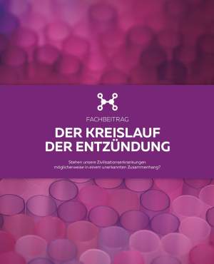 Eine violette Grafik mit überlappenden Kreisen bildet den Hintergrund. Der zentrierte weiße Text lautet: „FACHBEITRAG DER KREISLAUF DER ENTZÜNDUNG“ und bezieht sich auf Leaky Gut. Mit kleinem Symbol und deutschem Untertitel – ideal für Ihre Broschüren – Booklet Leaky Gut.