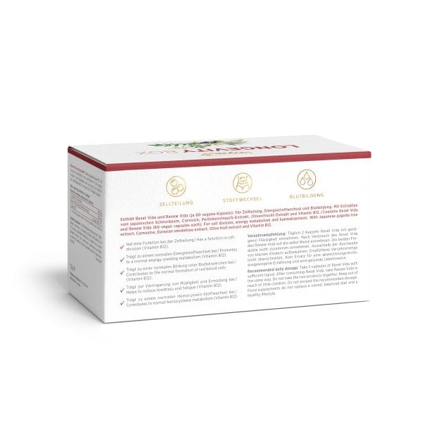 Longevity Box_Back_v1.0 Ein Nahrungsergänzungsmittel in der weiß-roten Longevity-Box mit deutschem Text, Symbolen für Zellteilung, Stoffwechsel und Blutbildung sowie einer dezenten Pflanzenillustration. Produktdetails und Dosierungshinweise sind auf der Seitenwand aufgeführt.