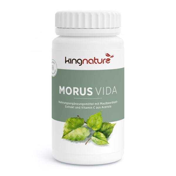 Morus-Vida_v5.2-Front Eine weiße Flasche mit der Aufschrift „kingnature MORUS VIDA“ zeigt ein Bild von Maulbeerblättern. Das Etikett hebt Maulbeerblattextrakt und Vitamin C aus Acerola hervor und präsentiert es in deutscher Sprache.