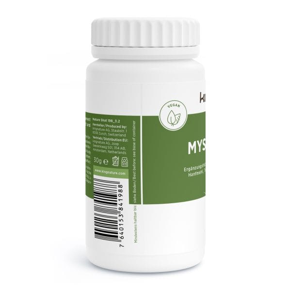 Eine weiße Plastikflasche mit grün-weißem Etikett, auf dem sich ein Vegan-Symbol, ein Barcode und Produktinformationen in deutscher Sprache befinden; der geriffelte Verschluss sorgt für einen guten Griff.