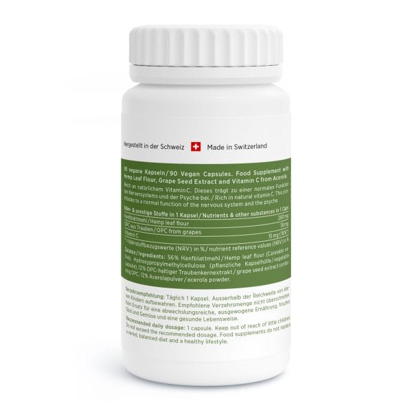 Mysterio-Vida_v3.0-Back Eine weiße Flasche mit deutsch-englischem Etikett weist auf 90 vegane Kapseln hin. Zu den wichtigsten Inhaltsstoffen zählen Traubenkernextrakt und Vitamin C. Hergestellt wird das Produkt in der Schweiz.