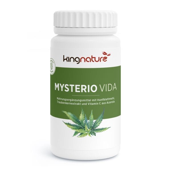 Mysterio-Vida_v3.0-Front Eine weiße Flasche mit der Aufschrift „kingnature MYSTERIO VIDA“ und Abbildungen von Hanfblättern enthält ein Nahrungsergänzungsmittel aus Hanfblattpulver, Traubenkernextrakt und natürlichem Vitamin C aus Acerola.