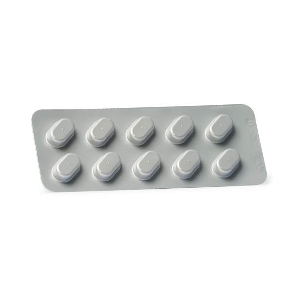 NADH Blister front Auf weißem Hintergrund ist eine silberne Blisterpackung NADH Vida mit zehn weißen ovalen Tabletten in zwei Reihen zu je fünf Tabletten abgebildet.