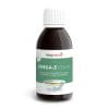 OMEGA3 Vegan_v3.0_Bottle Eine dunkle Flasche mit der Aufschrift „Omega-3 Vegan“ und weißem Verschluss weist einen grünen Abschnitt und eine Schale mit klarer Flüssigkeit auf dem Etikett auf, zusammen mit dem deutschen Text „Veganes Omega-3-Öl aus Algen und Sonnenblumen“.