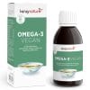 OMEGA3 Vegan_v3.0_BottleBox_En Eine Schachtel und eine Flasche des veganen Omega-3-Nahrungsergänzungsmittels von Kingnature mit grün-weißer Beschriftung, die auf vegane Omega-3-Fettsäuren aus Algen hinweist, sowie ein Bild einer Schüssel Öl auf Schachtel und Flasche.