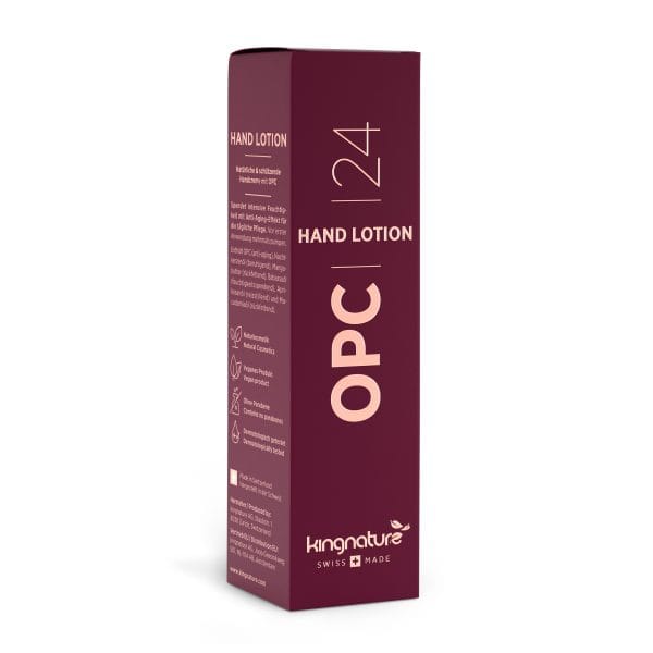 OPC24_Handlotion_Box_Front Eine kastanienbraune rechteckige Schachtel mit der Aufschrift „Produkte-Flyer (ohne Muster)“ mit weißem Text, Produktdetails, dem kingnature Swiss Made-Logo unten und einem Produkte-Flyer im Inneren.