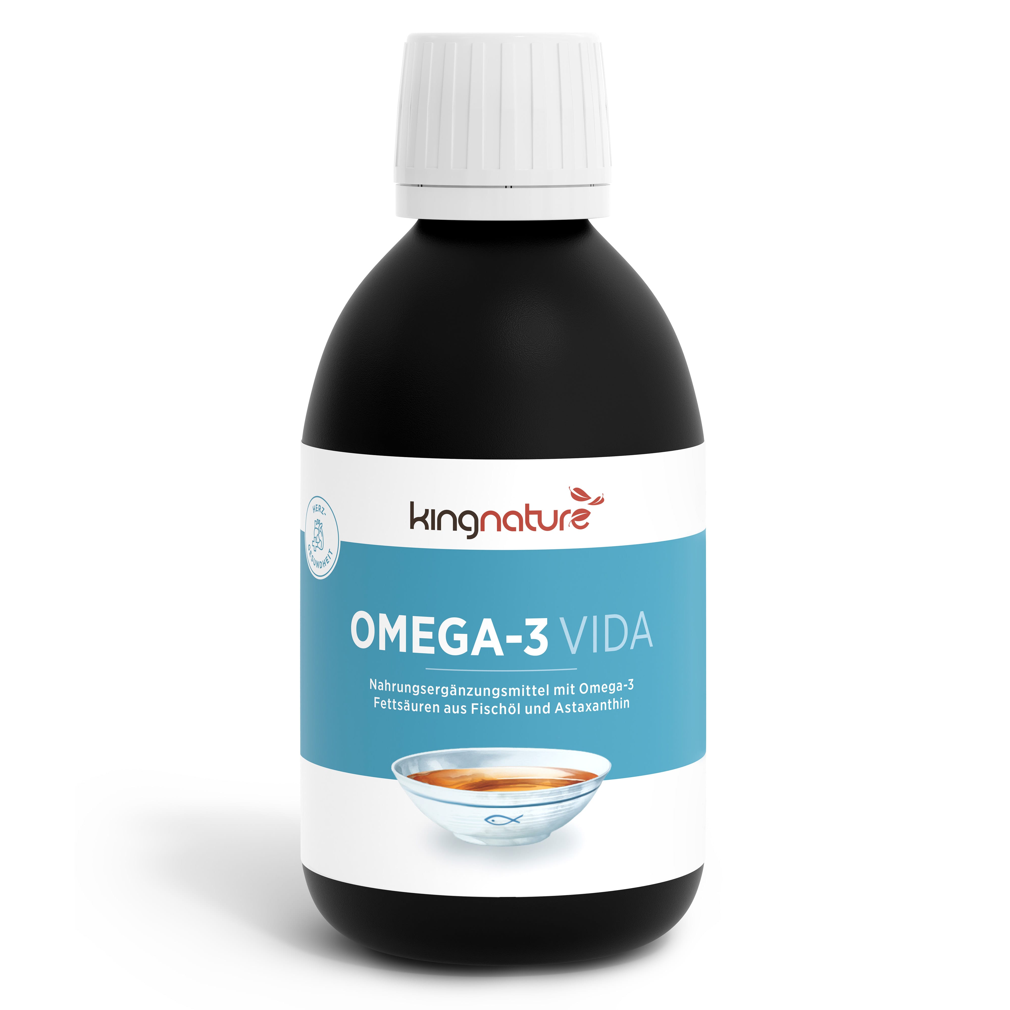Eine schwarze Flasche mit einem weißen Verschluss mit der Aufschrift „kingnature OMEGA-3 VIDA“, einem blau-weißen Design und dem Bild einer Schüssel Öl. Die Nahrungsergänzung aus der Schweiz enthält Omega-3-Fettsäuren aus Fischöl und ist auf Deutsch beschriftet.
