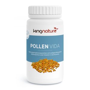 Pollen-Vida_v3.2-Front Die weiße Flasche mit der Aufschrift Pollen Vida enthält Bienenpollen-Granulat und hebt Blütenpollen sowie Vitamin C aus Acerola hervor - perfekt für alle, die Pollen Kapseln kaufen und ihr tägliches Wohlbefinden unterstützen möchten.