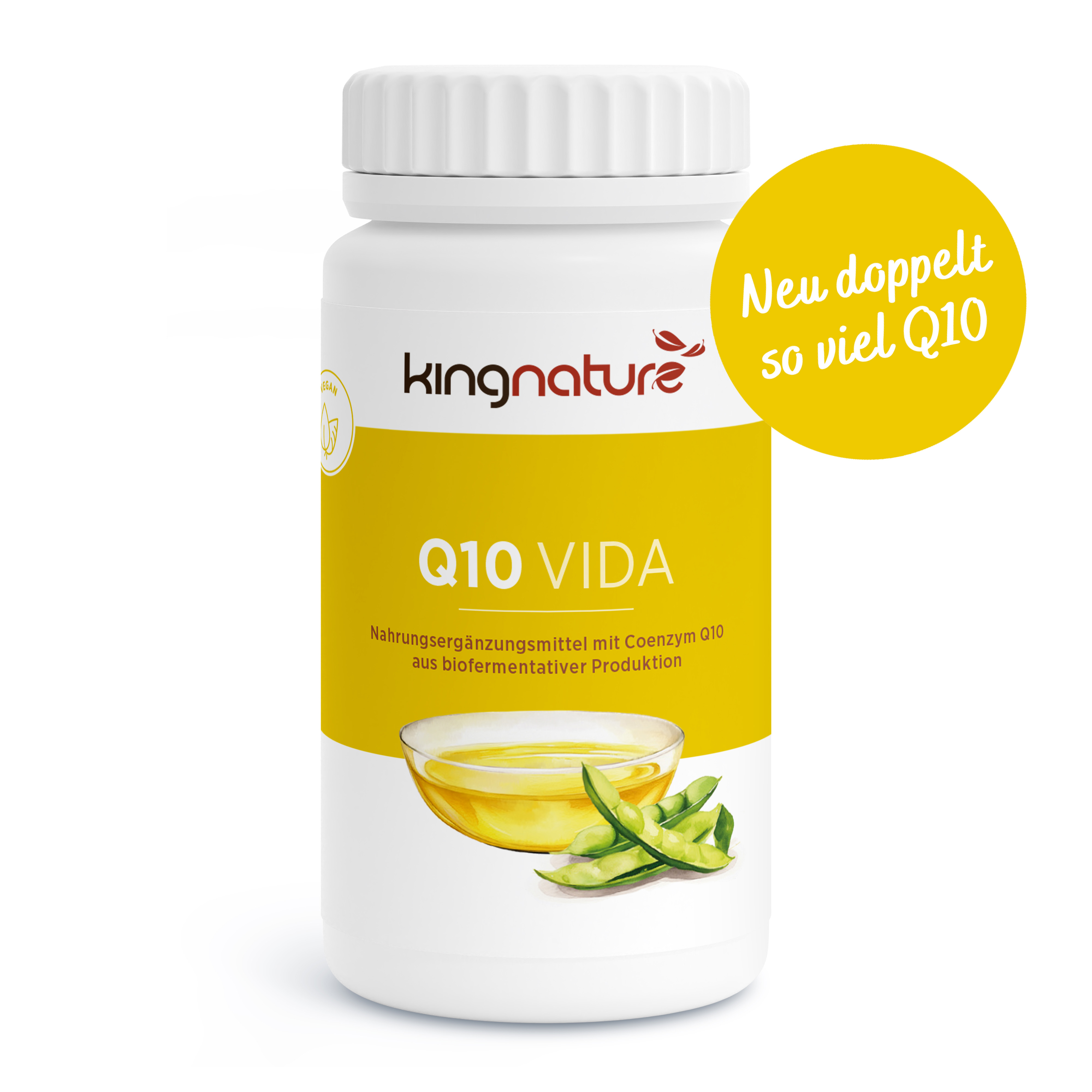 Eine weiße Flasche Q10 Vida – Coenzym Q10 mit einem gelben Etikett, das eine Schüssel mit Öl und grünen Blättern zeigt. Ein gelber Kreis lautet: Neu doppelt so viel Q10 – ideal für alle, die hochwertiges Coenzym Q10 kaufen möchten.