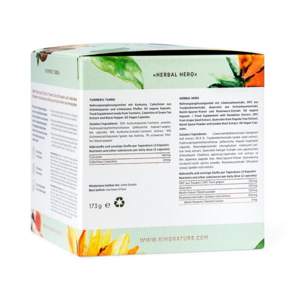 RECOVERY BOX Packshot Side 1 Auf der Rückseite der Recovery Box finden Sie Produktdetails, Zutaten, Nährwertangaben und www.kingnature.com. Die Verpackung besticht durch ein florales Design mit grünen, orangefarbenen und gelben Aquarell-Akzenten.