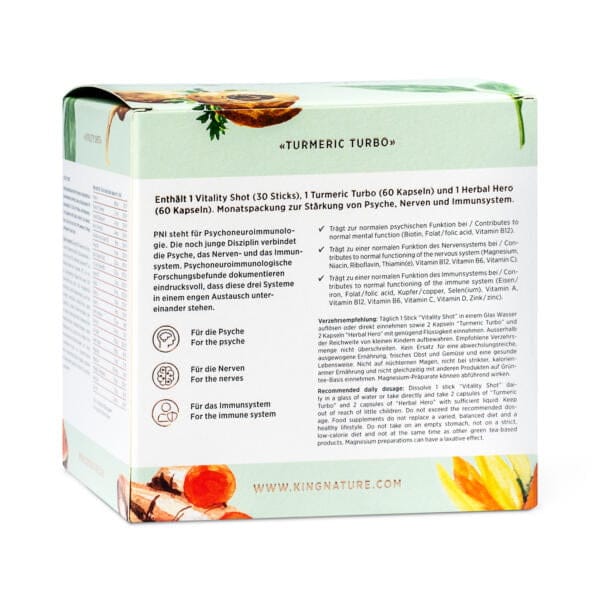 RECOVERY BOX Packshot Side 2 Rückansicht der Recovery Box von kingnature mit Produktdetails in deutscher Sprache und Abbildungen von Kurkumawurzeln und grünen Blättern auf hellem Hintergrund.