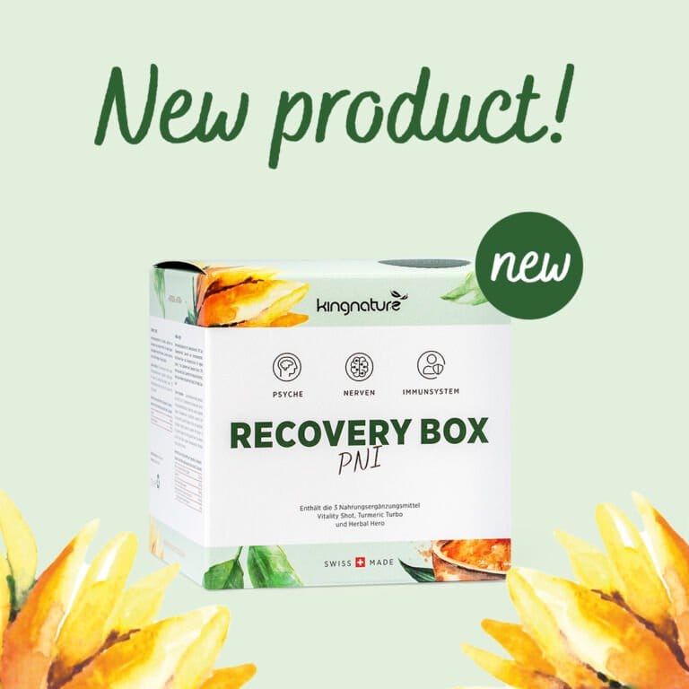 Eine Kingnature Recovery Box ist auf hellgrünem Hintergrund abgebildet, darüber steht „neues Produkt“ und „new“. Gelbgrüne Aquarellblätter zieren die Ecken.