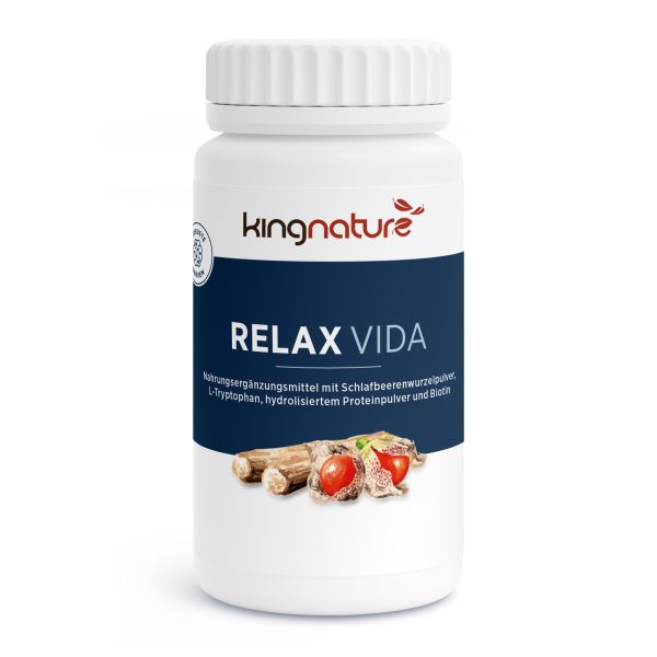 Eine weiße Flasche mit der Aufschrift „Relax Vida“ enthält ein Nahrungsergänzungsmittel; auf dem Etikett sind Wurzeln und Beeren abgebildet und die Zutaten sind auf Deutsch aufgeführt.