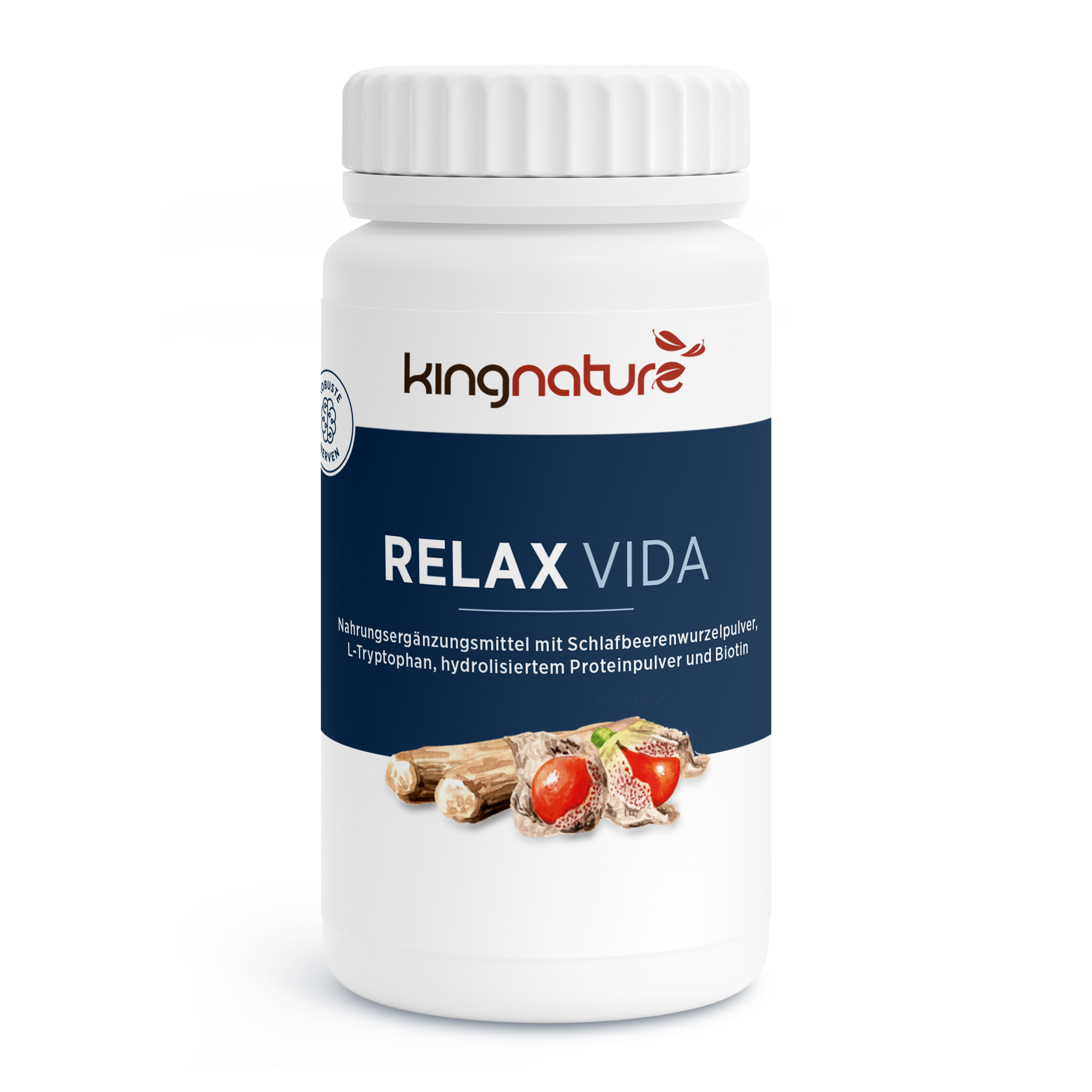 Eine weiße Flasche mit der Aufschrift „Relax Vida“ enthält ein Nahrungsergänzungsmittel; auf dem Etikett sind Wurzeln und Beeren abgebildet und die Zutaten sind auf Deutsch aufgeführt.