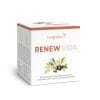 RenewVida_Box_EN_v1.0 Eine Packung kingnature RENEW VIDA Nahrungsergänzungsmittel mit einem Olivenzweig. Die Verpackung hebt L-Carnosin, Olivenfruchtextrakt, Vitamin B12 und Schweizer Qualität als Hauptbestandteile hervor.