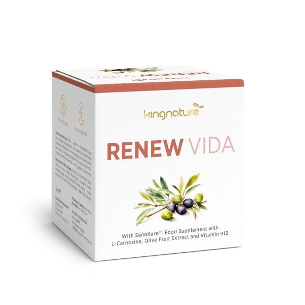 RenewVida_Box_EN_v1.0 Eine Packung kingnature RENEW VIDA Nahrungsergänzungsmittel mit einem Olivenzweig. Die Verpackung hebt L-Carnosin, Olivenfruchtextrakt, Vitamin B12 und Schweizer Qualität als Hauptbestandteile hervor.