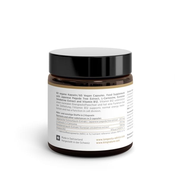 ResetVida_Jar_Back_v1.0 Ein braunes Glasgefäß mit schwarzem Deckel und der Aufschrift „Reset Vida“ enthält vegane Kapseln. Das Etikett enthält detaillierte Angaben zu Inhaltsstoffen, Nährwerten und Anwendungshinweisen und hebt japanischen Schnurbaumextrakt und Vitamin B12 hervor.