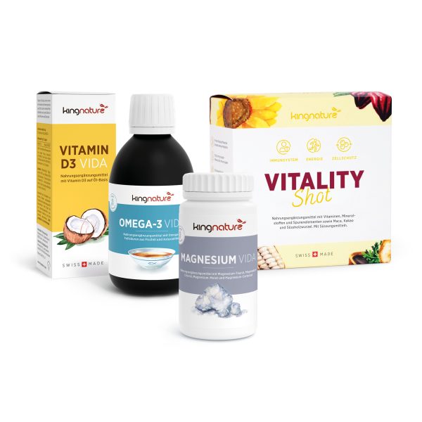 Das Sportpaket Basic-Set verfügt über eine saubere, helle Verpackung „Swiss Made“ und enthält die Nahrungsergänzungsmittel Vitamin D3 Vida, Omega-3 Vida, Magnesium Vida und Vitality Shot.