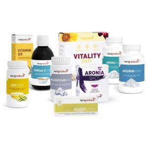 Sportpaket_professional Das Sportpaket Professional von kingnature enthält Nahrungsergänzungsmittel wie Vitamin D3 VIDA, Omega-3 VIDA, Magnesium VIDA, Vitality Shot, Aronia Shot, Q10 VIDA, Amino VIDA, Arginin VIDA und NADH VIDA für eine umfassende Nährstoffunterstützung.