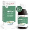 Störer_OMEGA3 Vegan_v3.0_BottleBox_De Eine Schachtel und eine Flasche mit einem veganen Omega-3-Nahrungsergänzungsmittel mit grün-weißem Design, deutschem Text, einem Bild einer Schüssel mit gelbem Öl und einem grünen Kreis mit der Aufschrift „Neue Rezeptur“.