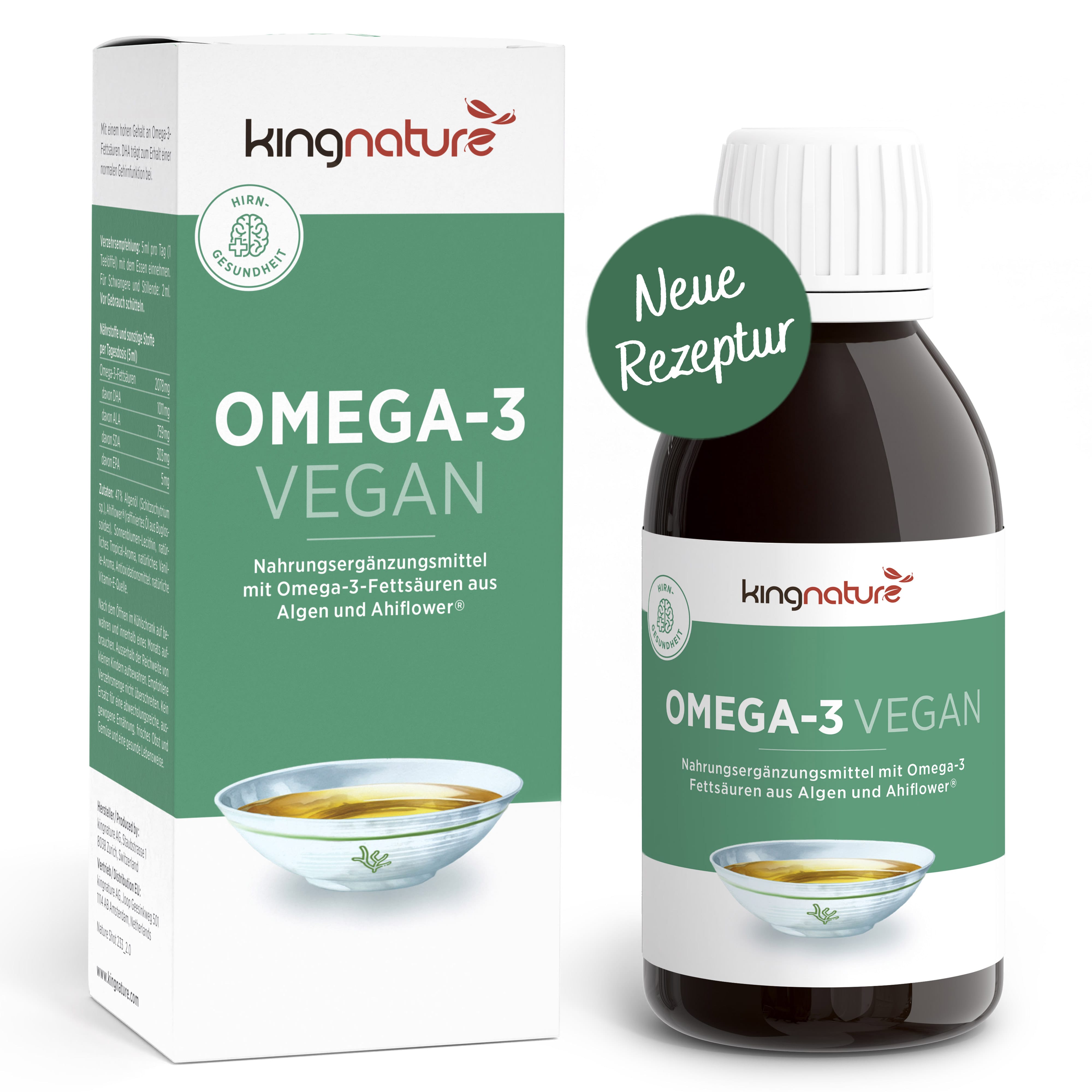 Eine Schachtel und eine Flasche mit einem veganen Omega-3-Nahrungsergänzungsmittel mit grün-weißem Design, deutschem Text, einem Bild einer Schüssel mit gelbem Öl und einem grünen Kreis mit der Aufschrift „Neue Rezeptur“.