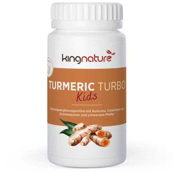 Turmeric_Turbo_Kids_online_kapseln_Kaufen_Schweiz_v Auf einer weißen Flasche mit der Aufschrift „Recovery Box Turmeric Turbo Kids“ sind Kurkumawurzeln abgebildet und als Hauptzutaten sind Curcuma, Grüntee-Catechin und schwarzer Pfeffer aufgeführt.
