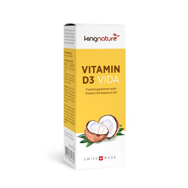 VITAD3VIDA_Box_En Eine gelb-weiße Schachtel des Nahrungsergänzungsmittels Vitamin D3 Vida mit dem Bild einer geknackten Kokosnuss und dem Text „Vitamin D3 auf Ölbasis“ und „Swiss Made“ – ideal für alle, die Vitamin D kaufen möchten.